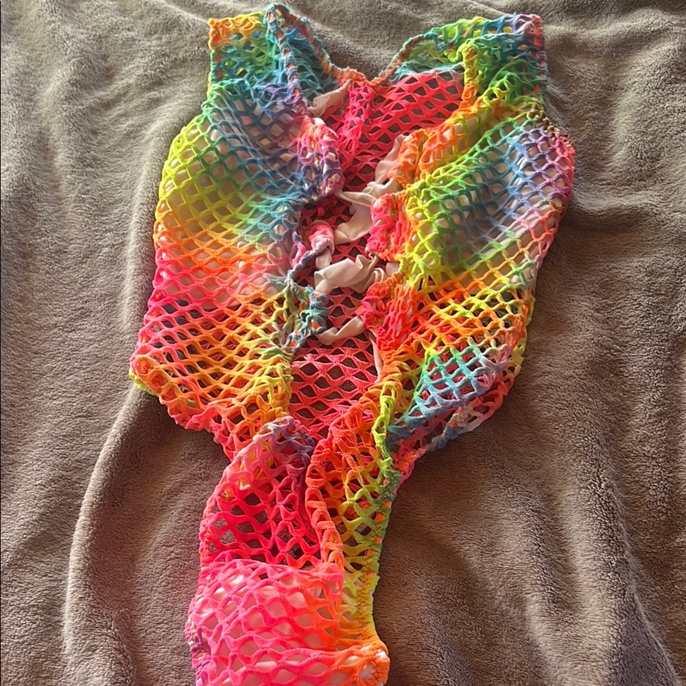 Rainbow Fishnet Thong Bodysuit